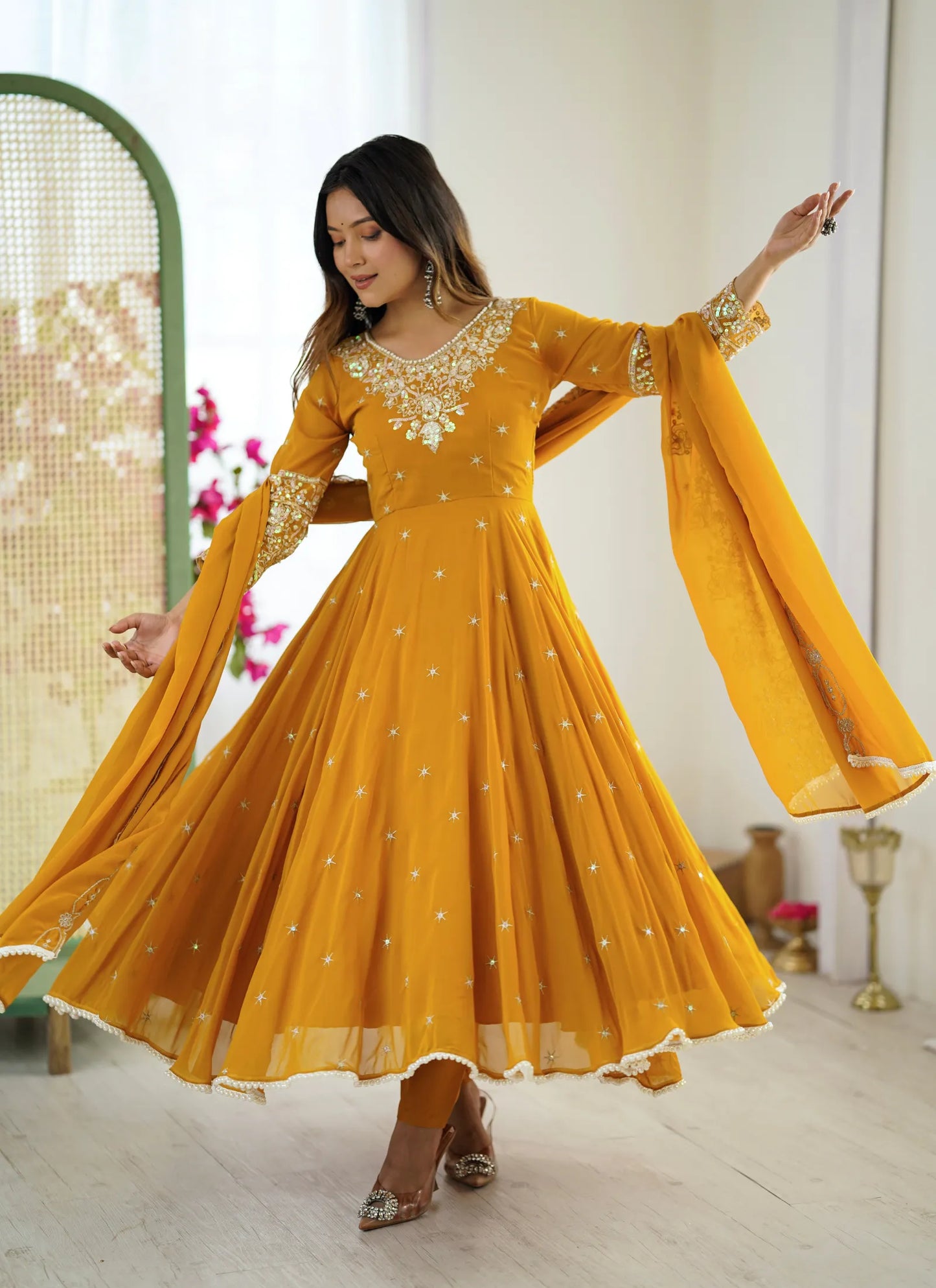 Mustard Rembo Sequence Designer Anarkali Suit