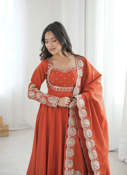 Orange Roman Silk Designer Anarkali Suit