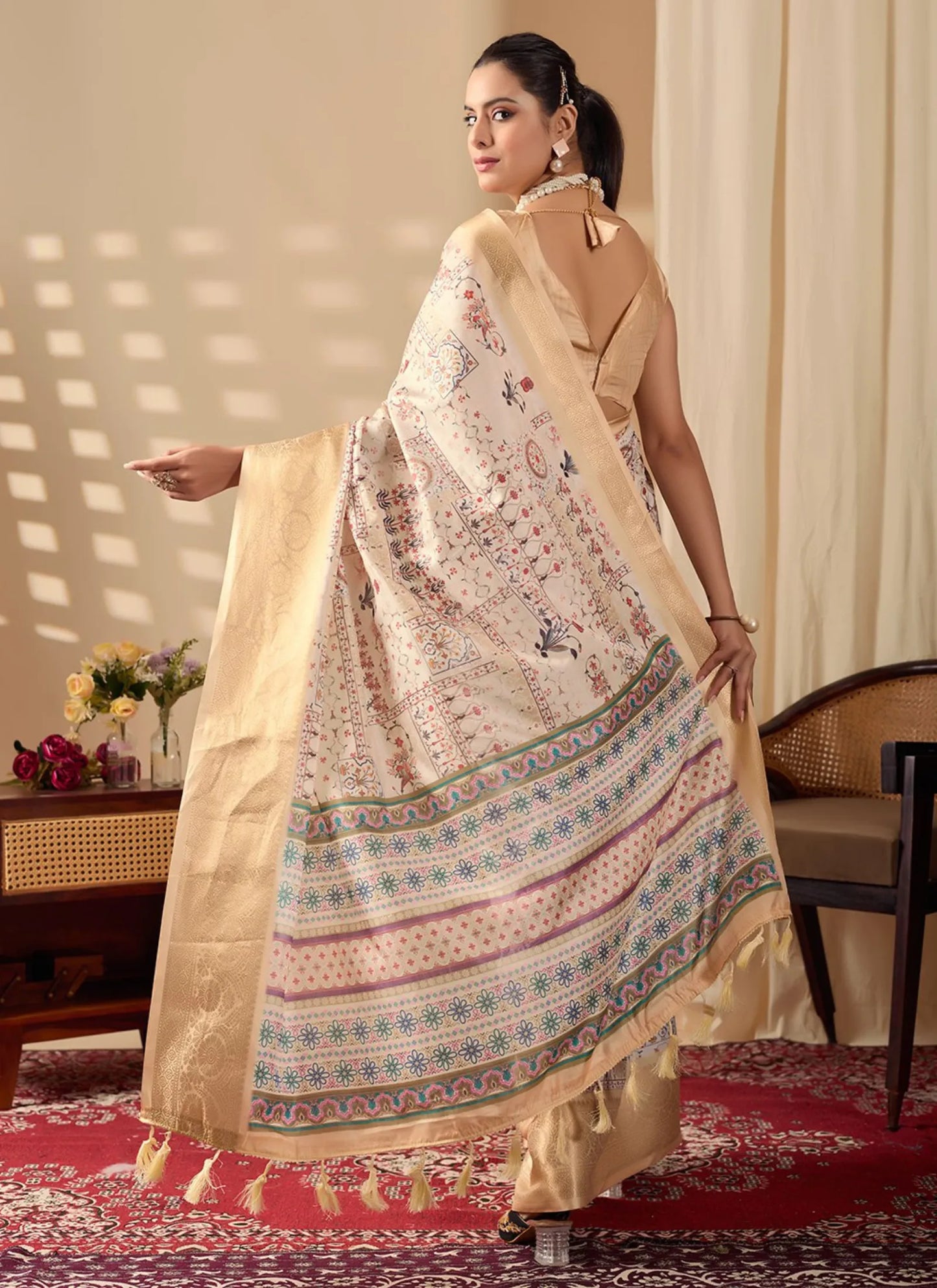 Ethnic Print Soft Lichi Silk Saree Beige