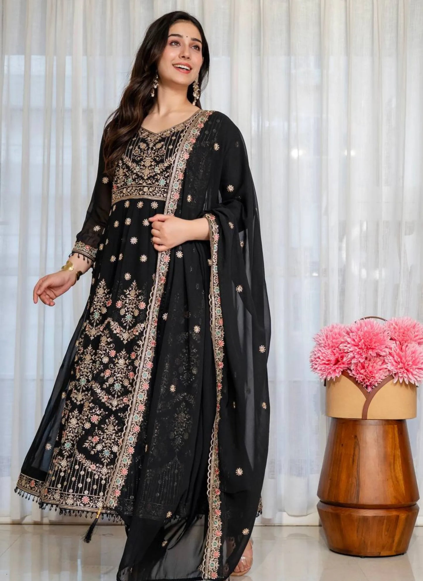 Black Faux Blooming Fabric Thread Embroidered Anarkali Suit