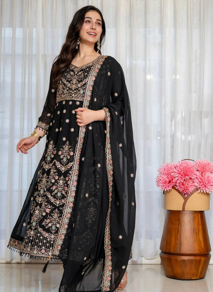 Black Faux Blooming Fabric Thread Embroidered Anarkali Suit