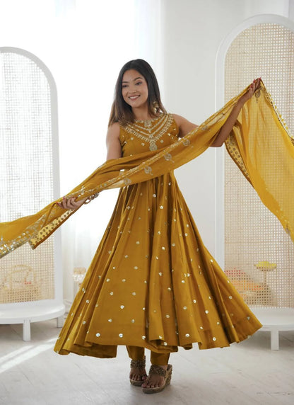 Mustard Roman Silk Embroidery Anarkali Suit