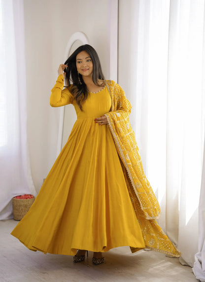 Yellow Heavy Roman Silk Anarkali Suit