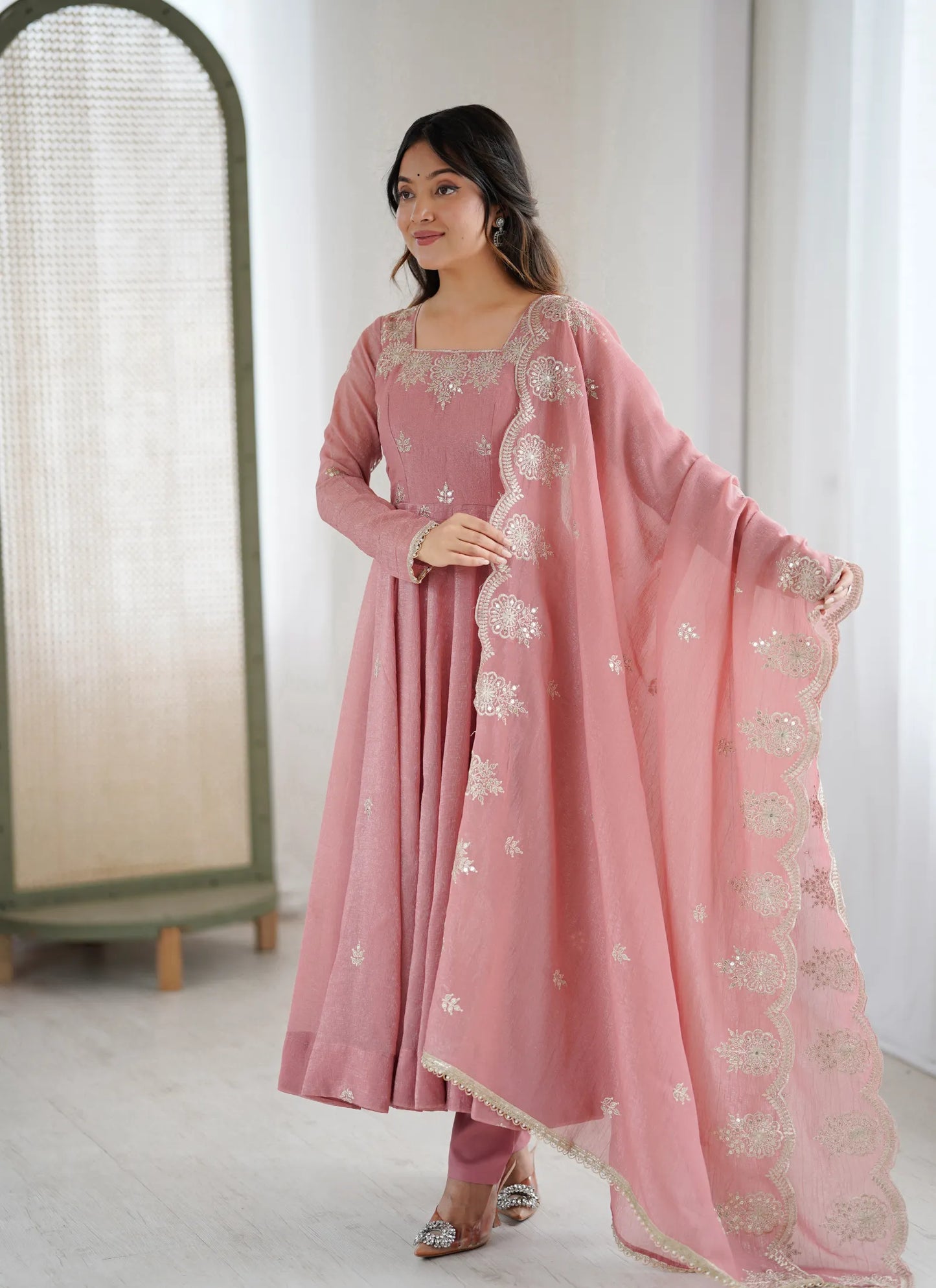 Light Pink Designer Embroidered Anarkali Suit