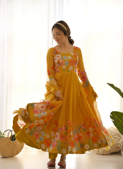 Pure Soft Organja Silk Anarkali Yellow