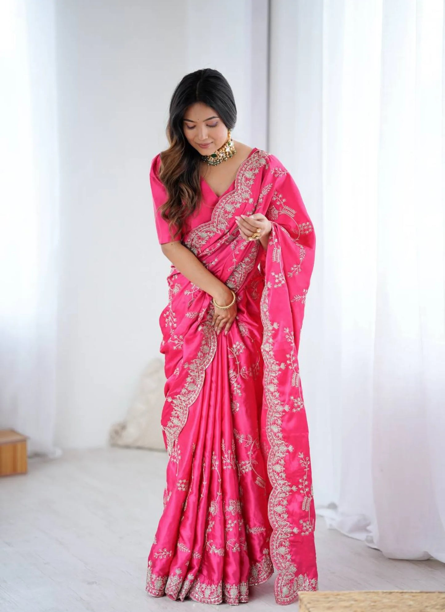 Pink Heavy Satin Silk With Embroidery Saree