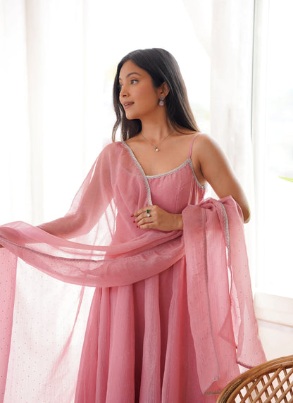 Pink Crunchy Silk Fabrics Fully Flair Anarkali