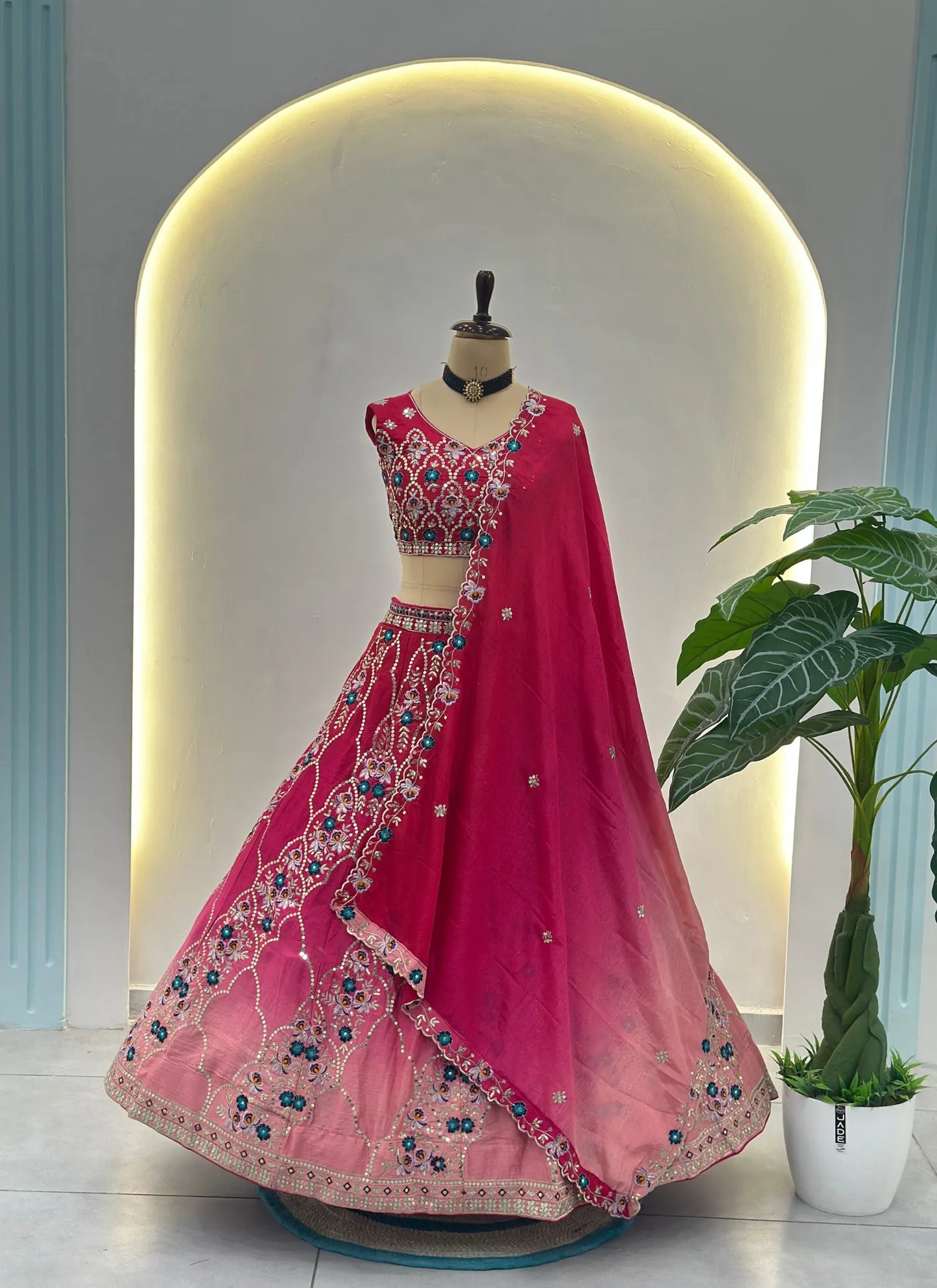Pink Embroidery Chinon Silk Lehenga Choli