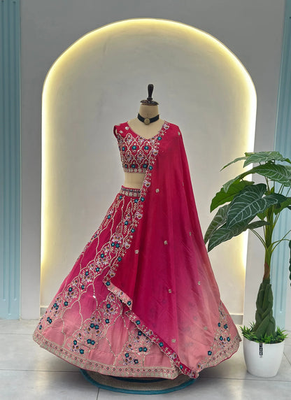 Pink Embroidery Chinon Silk Lehenga Choli