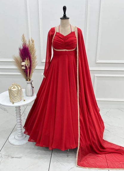 Red Pure Blooming Georgette Anarkali Suit