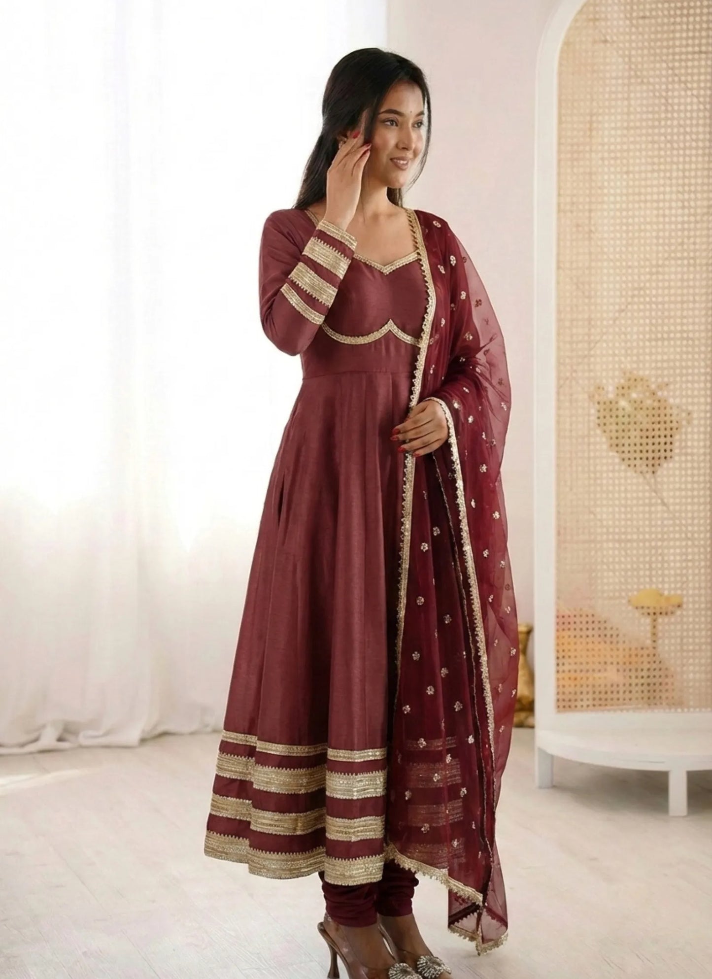 Maroon Heavy Lace Work Designer Anarkali Suit
