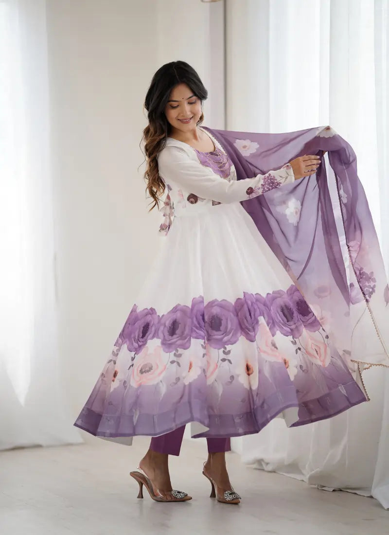 Heavy Pure Soft Organja Silk Print Anarkali Violet