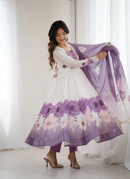 Heavy Pure Soft Organja Silk Print Anarkali Violet