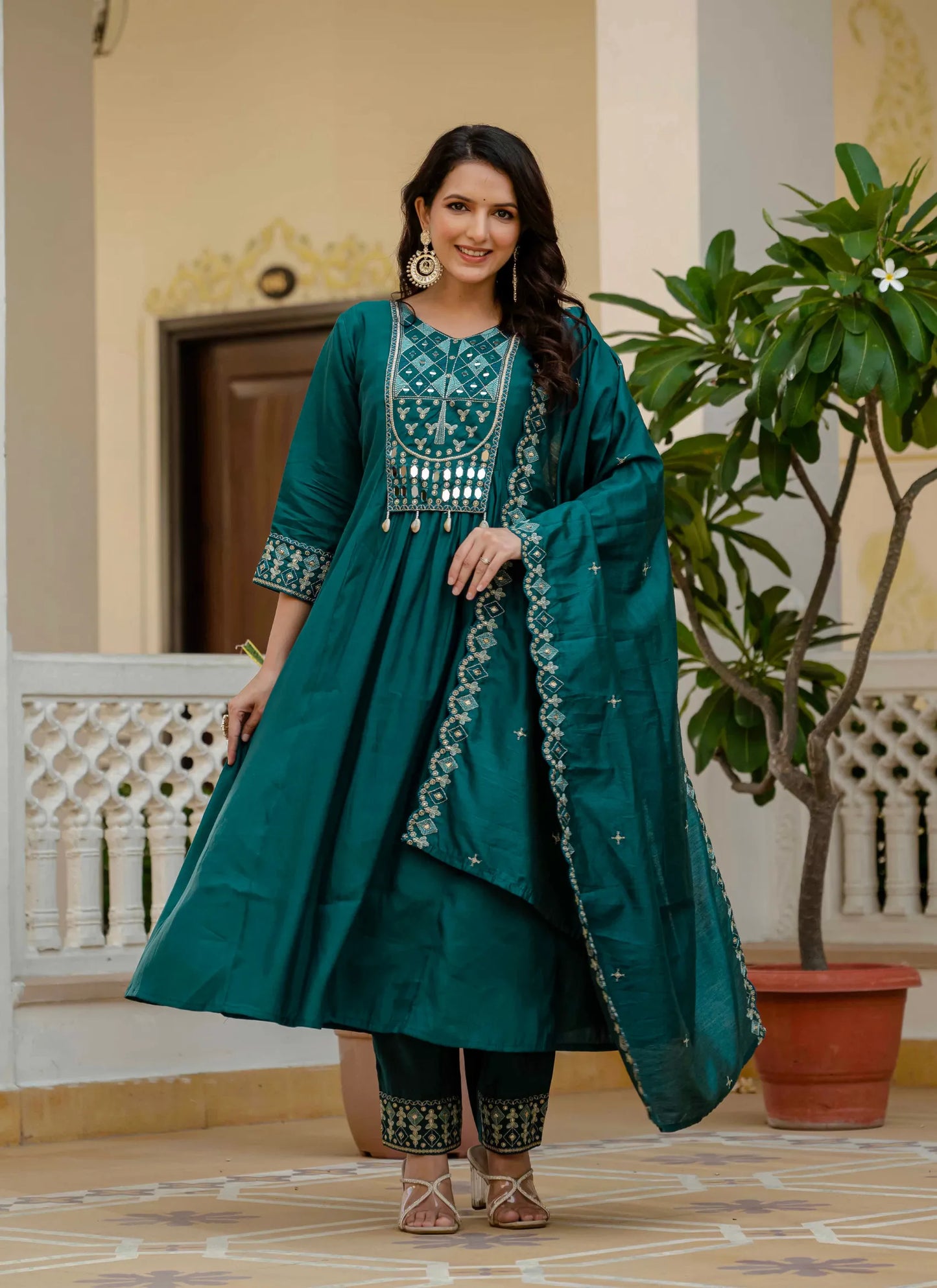 Beautiful Roman Silk Anarkali Kurti Teal