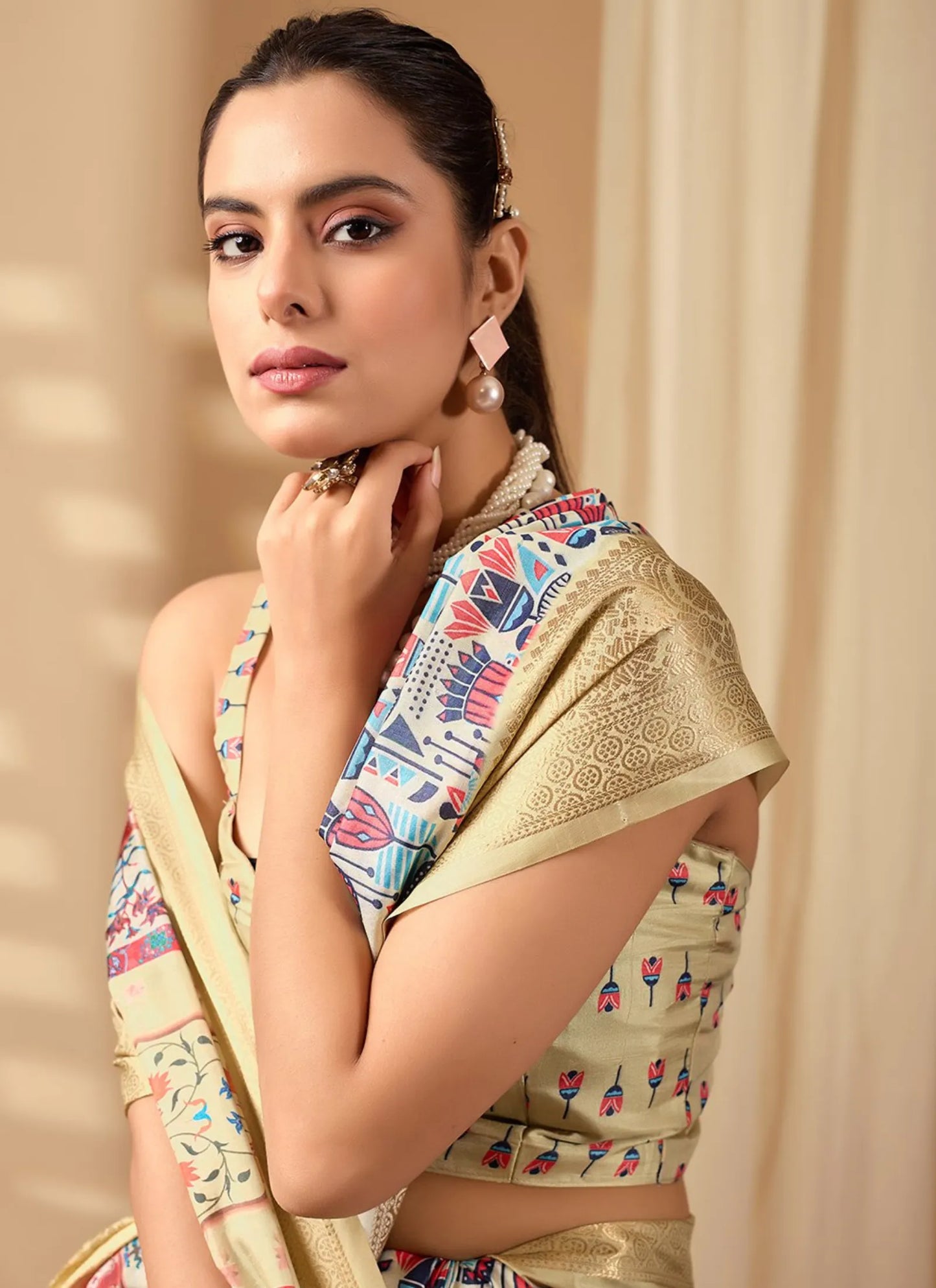 Artistic Multicolor Print Soft Lichi Silk Saree