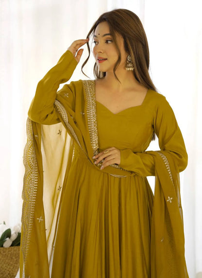 Pure Romansilk Chanderi Fabric Anarkali Mustard