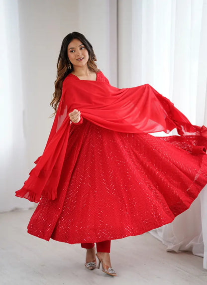 Classic Lucknowi Georgette Fabric Anarkali Suit Red