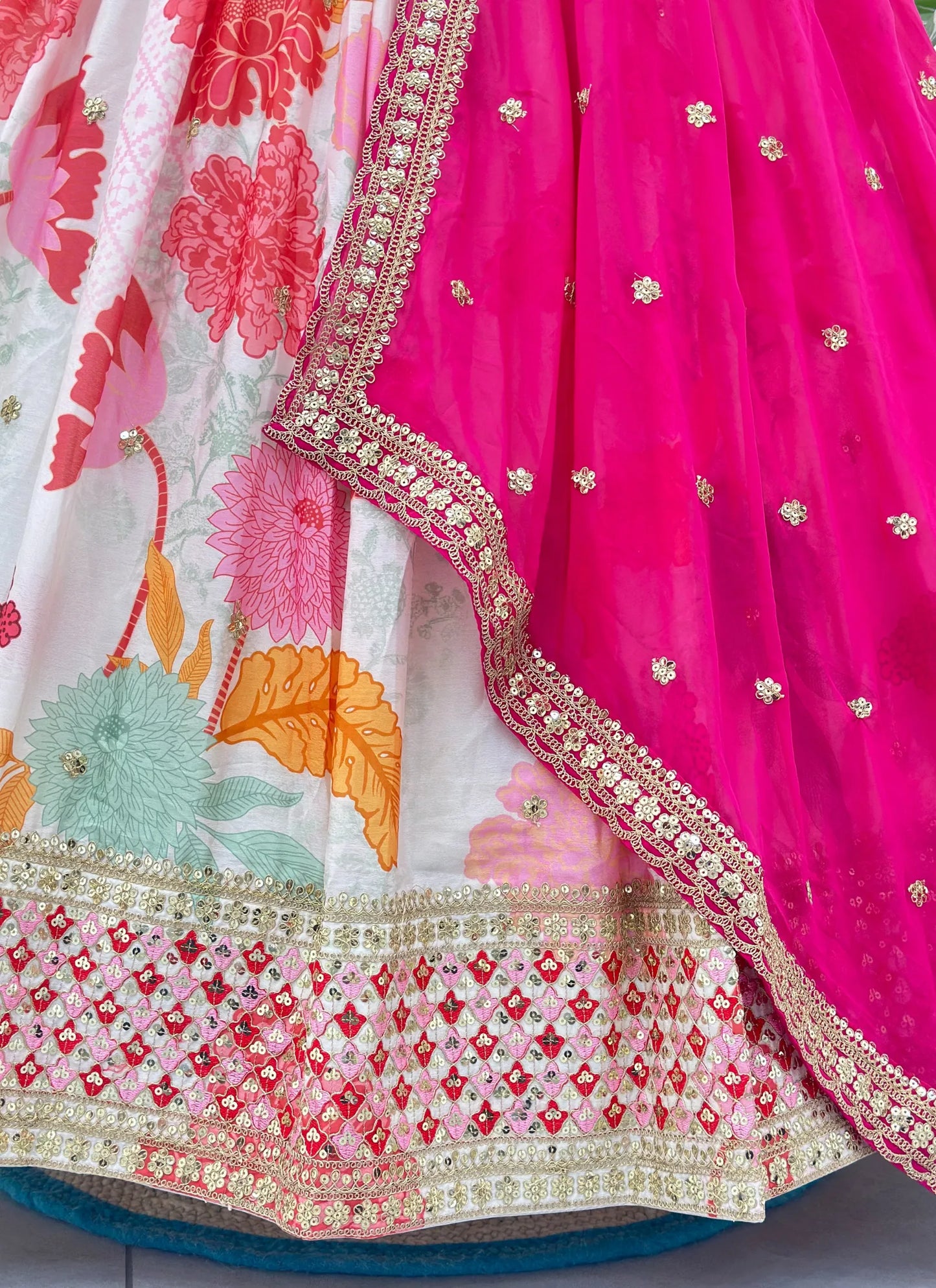 Floral Pink Chinon Silk Lehenga Choli