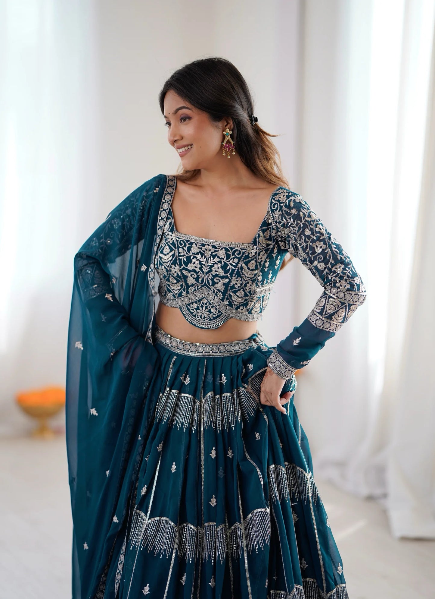 Blue Faux Georgette Thread Embroidery Lehenga Choli