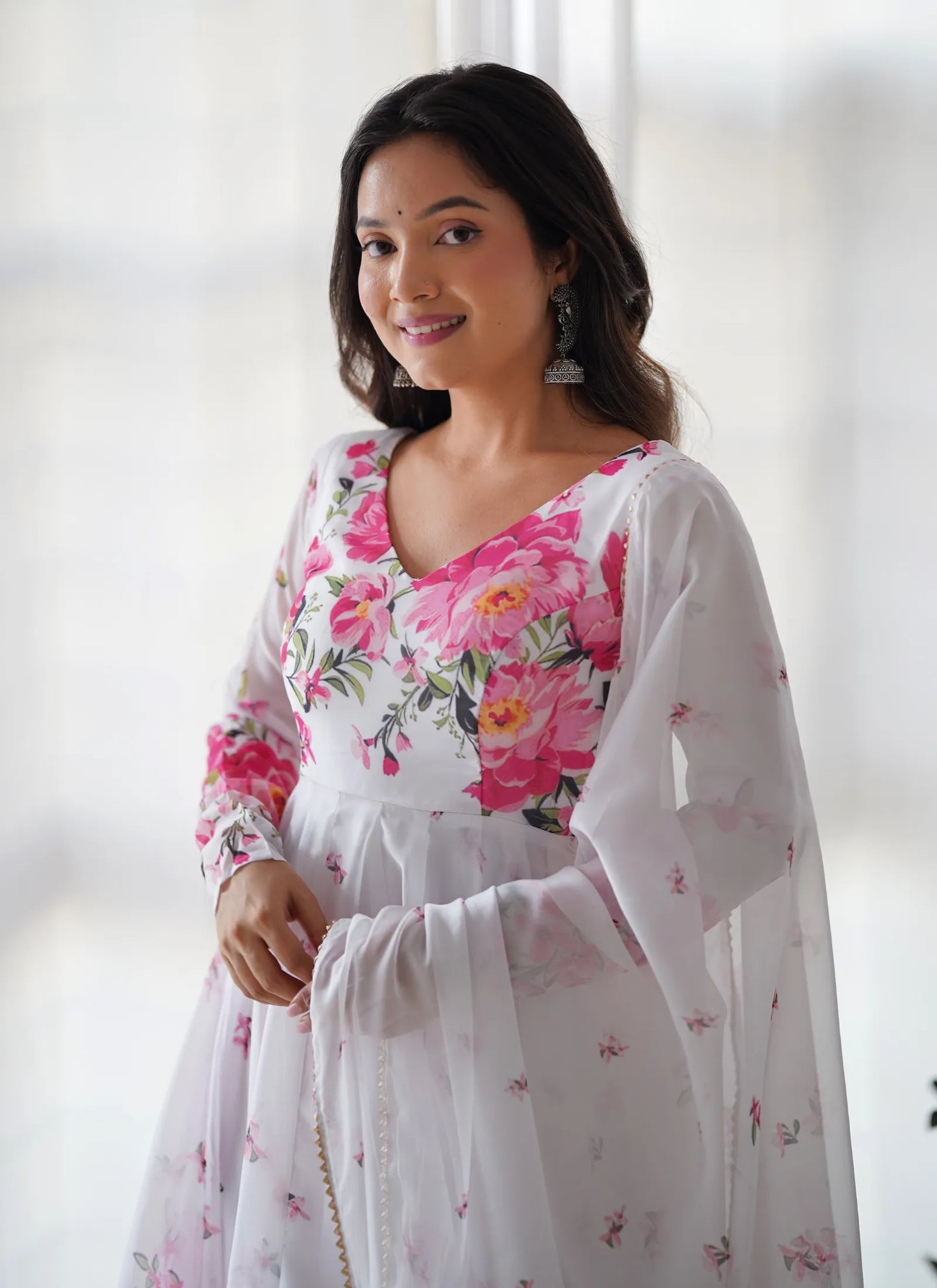 Pure Soft Organja Silk Anarkali White