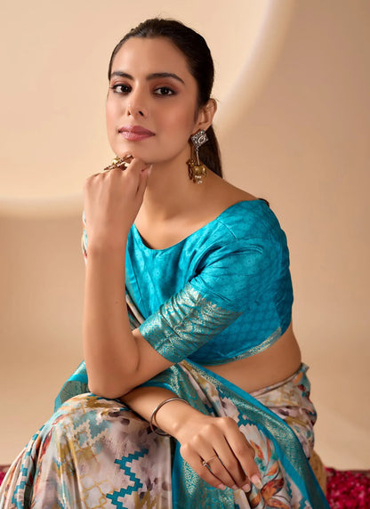 Modern Prints Soft Lichi Silk Saree Aqua