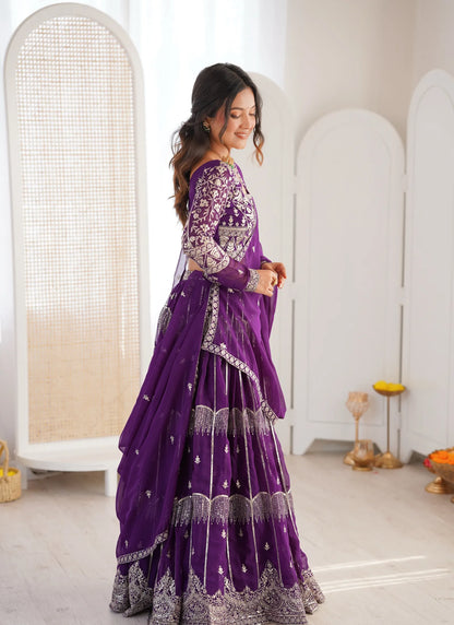 Purple Faux Georgette Thread Embroidery Lehenga Choli
