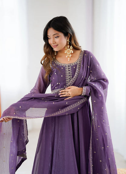 Pure Crunchy Silk Fabric Anarkali Suit Purple
