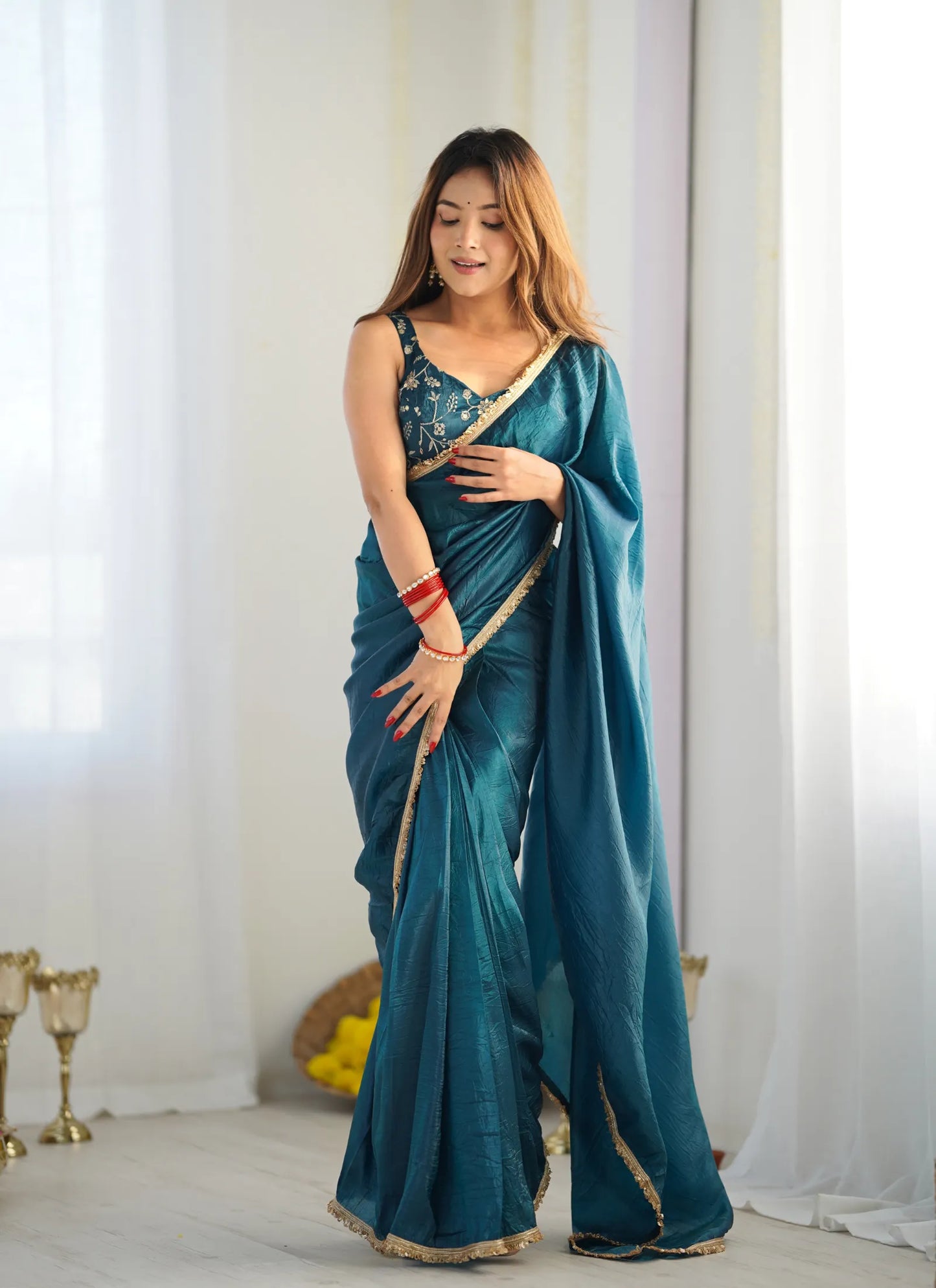 Premium Tissue Silk Saree Teal Blue