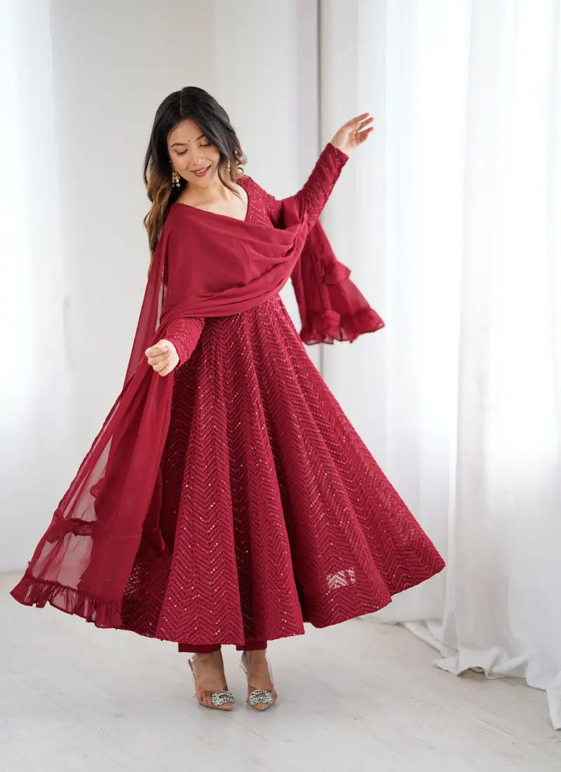 Classic Lucknowi Georgette Fabric Anarkali Suit Maroon