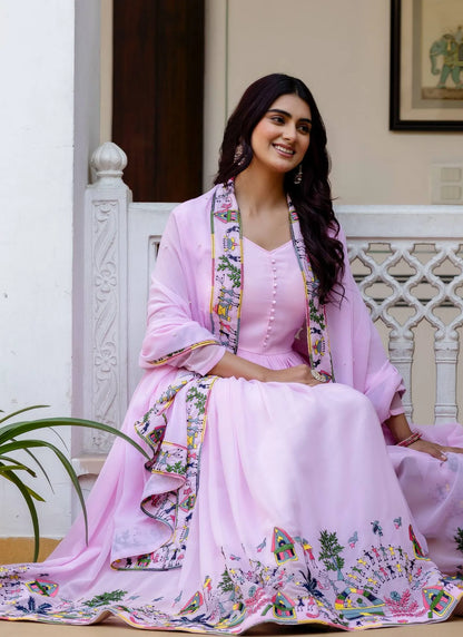 Purple Embroidered Faux Georgette Gown