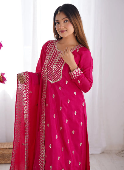 Pure Chinon Silk Embroidery Kurta Pink