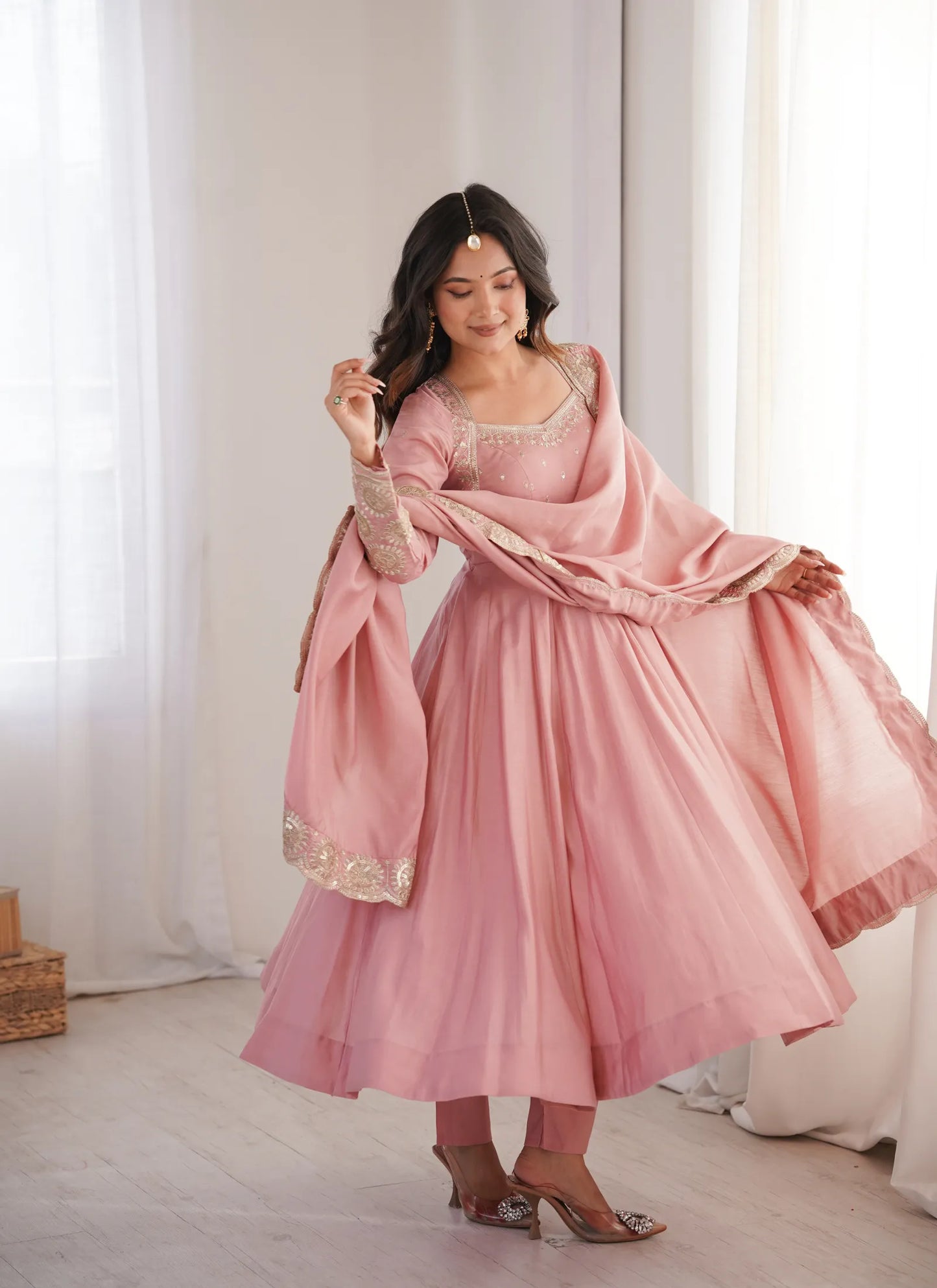 Pink Roman Silk Designer Anarkali Suit