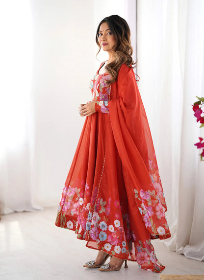 Pure Soft Organja Silk Anarkali Red
