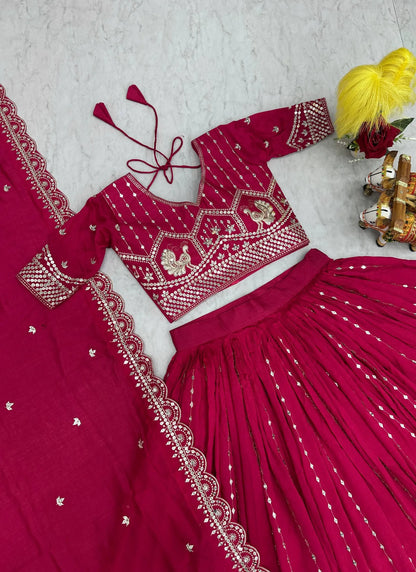 Pink Pure Vichitra Silk Embroidery Work Lehenga Choli