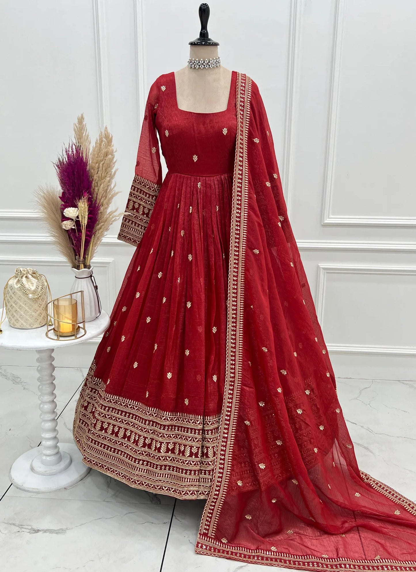Premium Crunchy Silk Anarkali Gown Rust