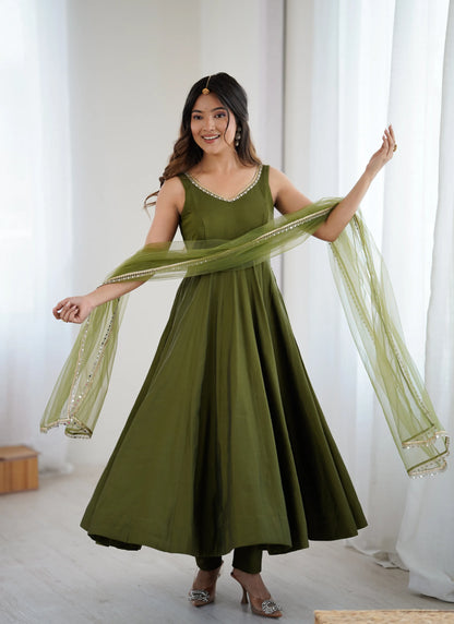 Pure Romansilk Chanderi Fabric Anarkali Mehandi