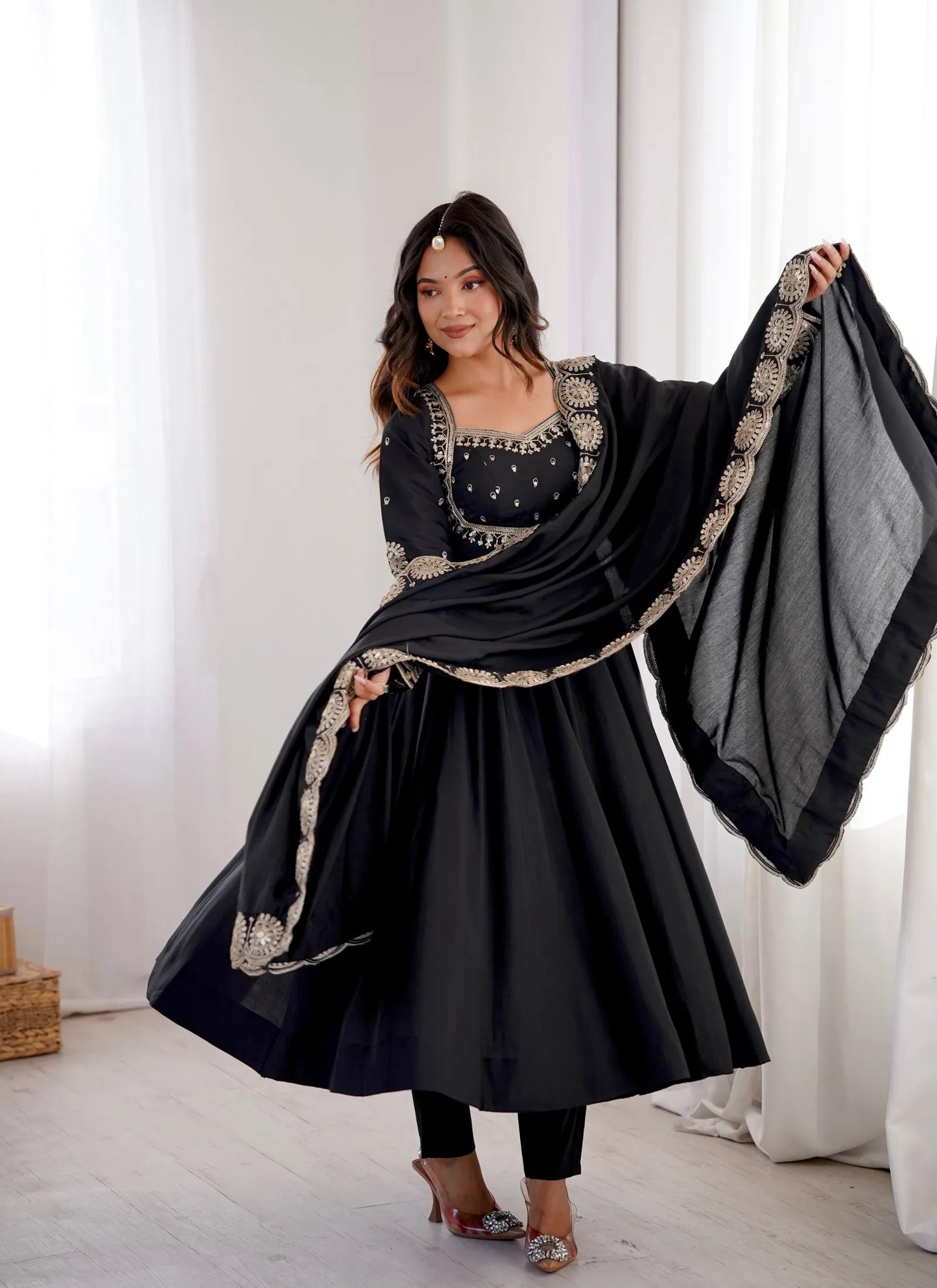 Black Roman Silk Designer Anarkali Suit