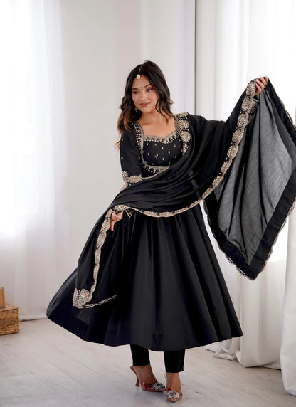 Black Roman Silk Designer Anarkali Suit