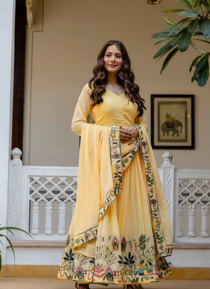 Yellow Embroidered Faux Georgette Gown