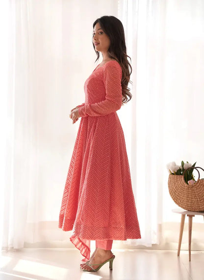 Classic Lucknowi Georgette Fabric Anarkali Suit Peach