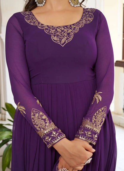 Purple Faux Georgette Thread Work Anarkali Suit