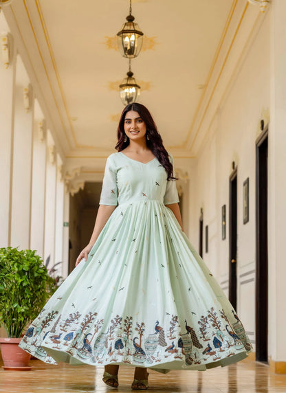 Green Embroidered Chinon Fabric Gown