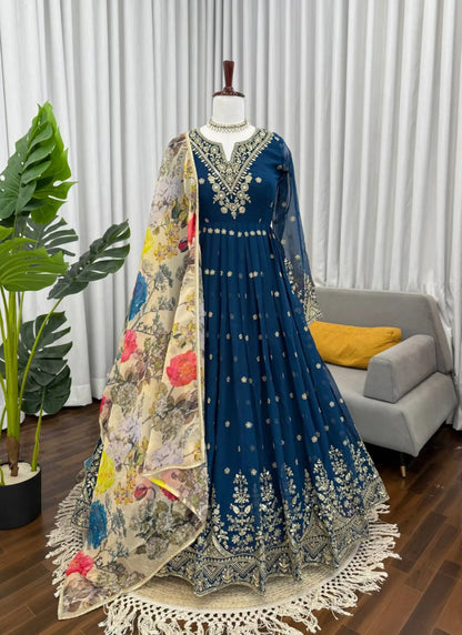 Blue Georgette Thread Work Anarkali Suit