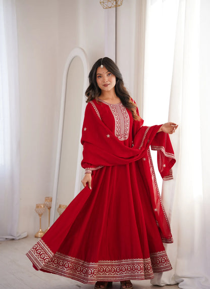 Dark Red Vichitra Silk Embroidered Gown