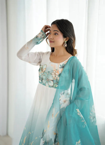 Heavy Pure Soft Organja Silk Print Anarkali Aqua Blue