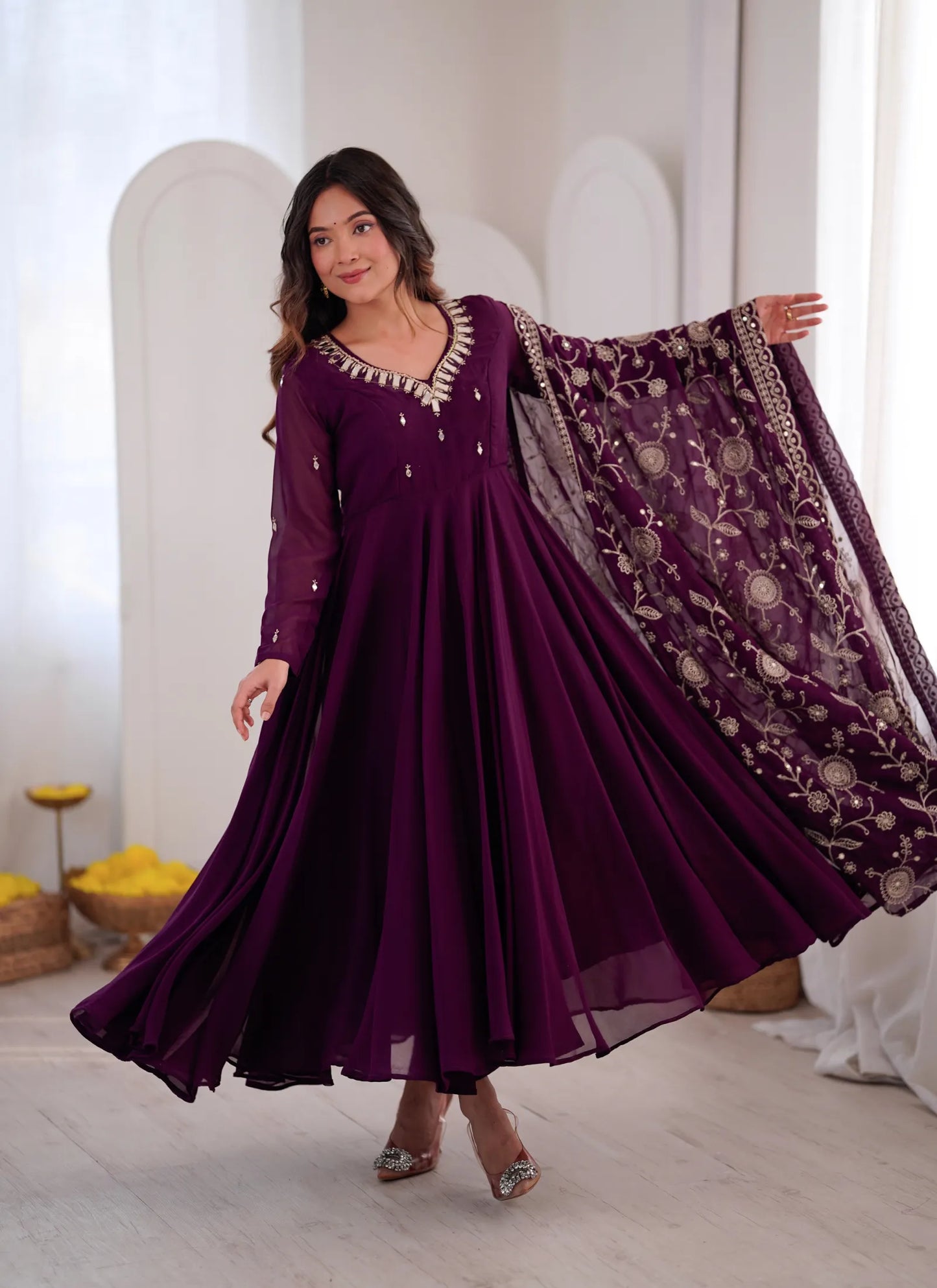 Wine Elegant Embroidered Anarkali Suit