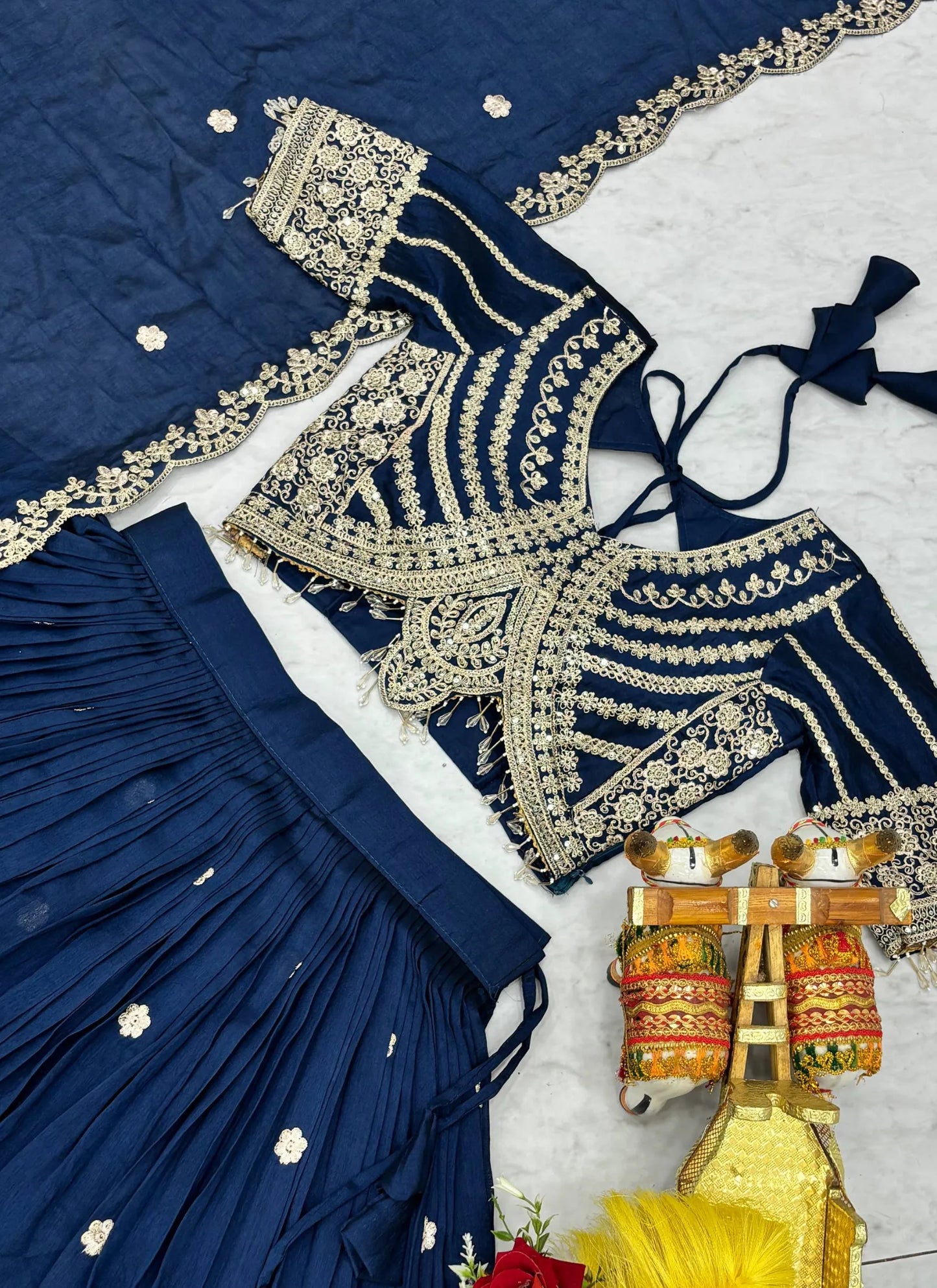 Blue Pure Vichitra Silk Embroidery Thread Work Lehenga Choli