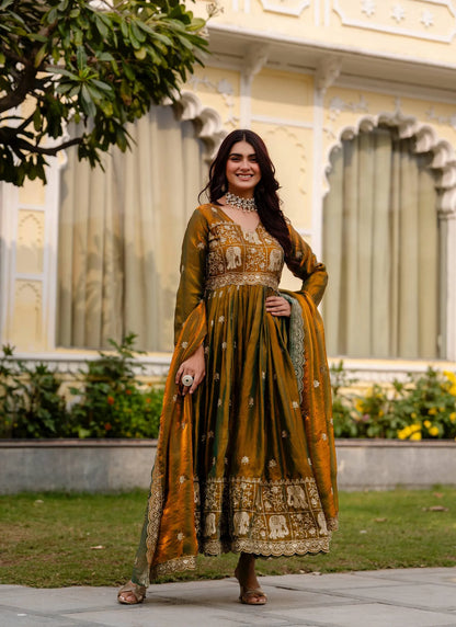 Muddy Green Embroidered Fendy Satin Gown