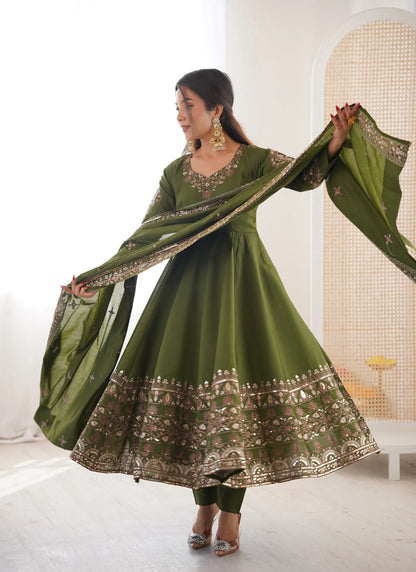 Green Embroidered Sequence Anarkali Suit
