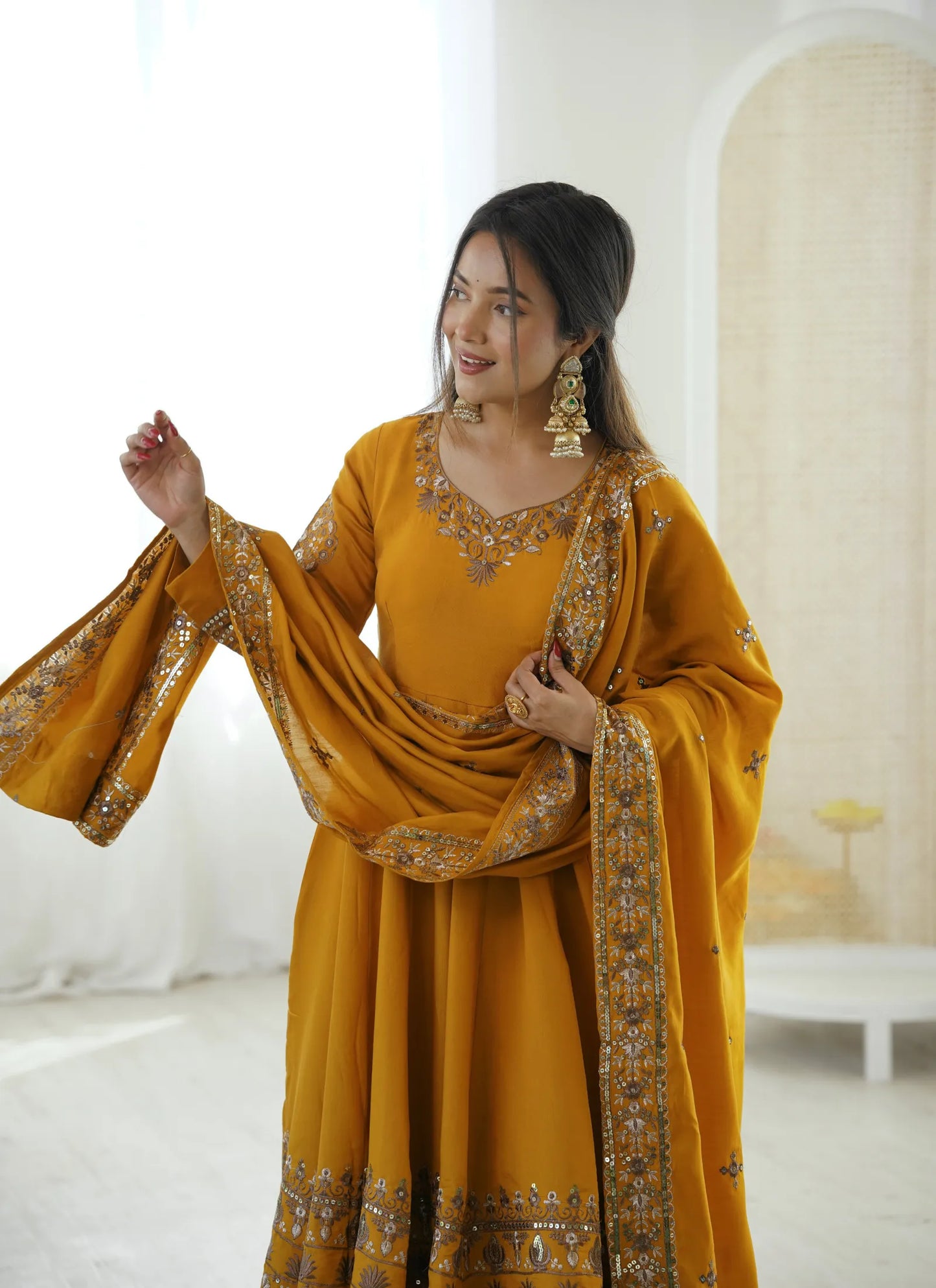 Yellow Embroidered Sequence Anarkali Suit